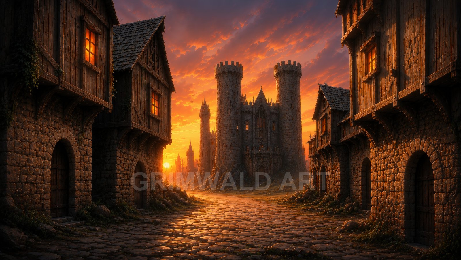 A medieval cobblestone street leads to a towering stone castle at sunset, warm lamplight glowing in timbered houses beneath a fiery orange sky.