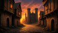 GRID THUMBNAIL — A medieval cobblestone street leads to a towering stone castle at sunset, warm lamplight glowing in timbered houses beneath a fiery orange sky.