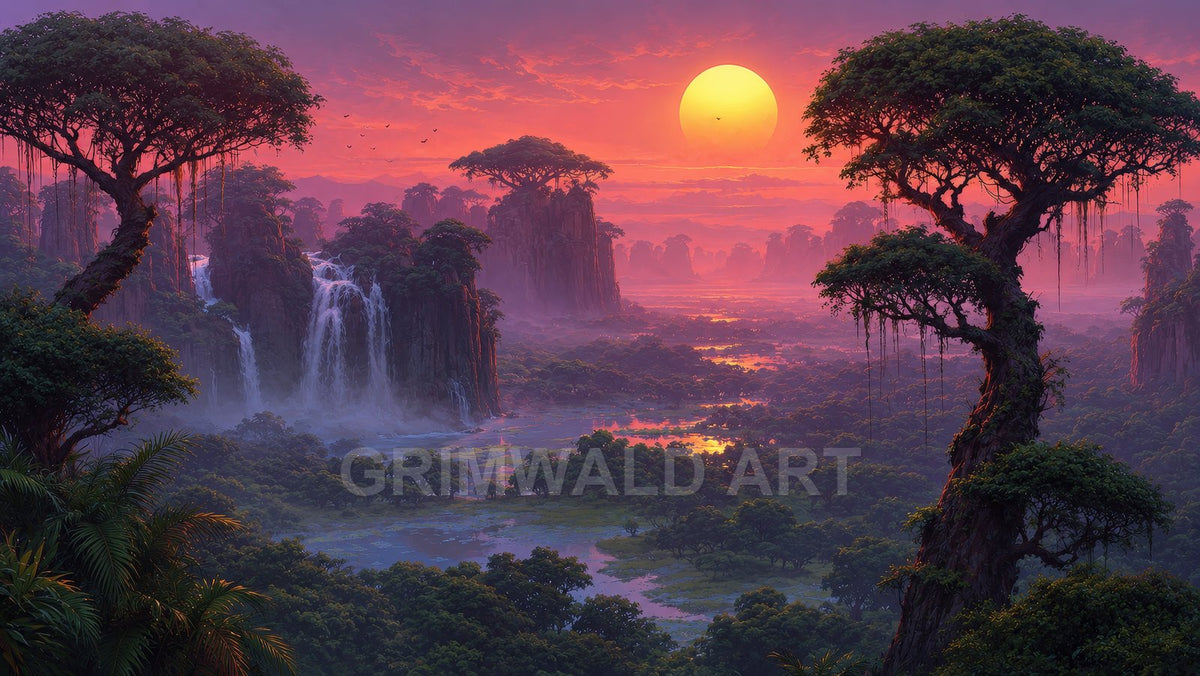 Vast fantasy jungle valley at sunset with a huge glowing sun, misty waterfalls, winding rivers and towering, vine-draped trees under pink skies.