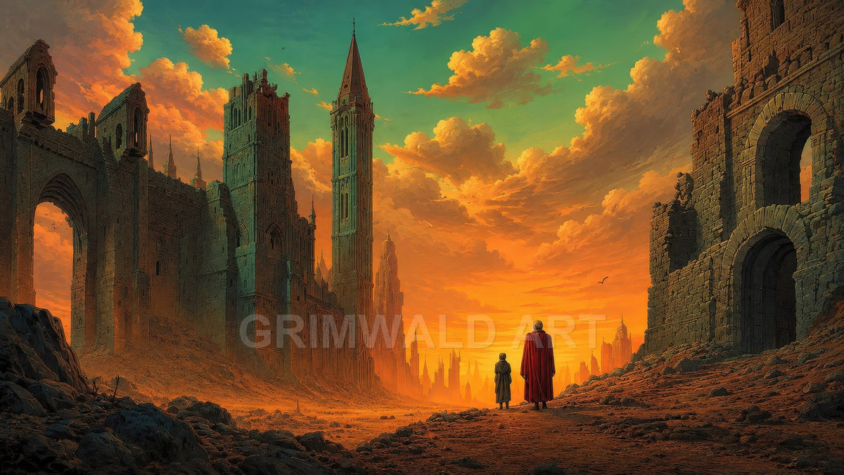 Two cloaked travellers stand before colossal ruined gothic towers and arches of a fantasy city at sunset under dramatic orange clouds.