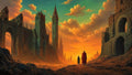 GRID THUMBNAIL — Two cloaked travellers stand before colossal ruined gothic towers and arches of a fantasy city at sunset under dramatic orange clouds.