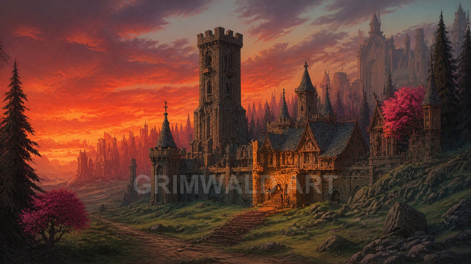A medieval stone castle with tall towers glows at the gate, amid dark pines and pink blossoms beneath a fiery orange sunset, distant spires beyond.