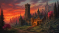 GRID THUMBNAIL — A medieval stone castle with tall towers glows at the gate, amid dark pines and pink blossoms beneath a fiery orange sunset, distant spires beyond.