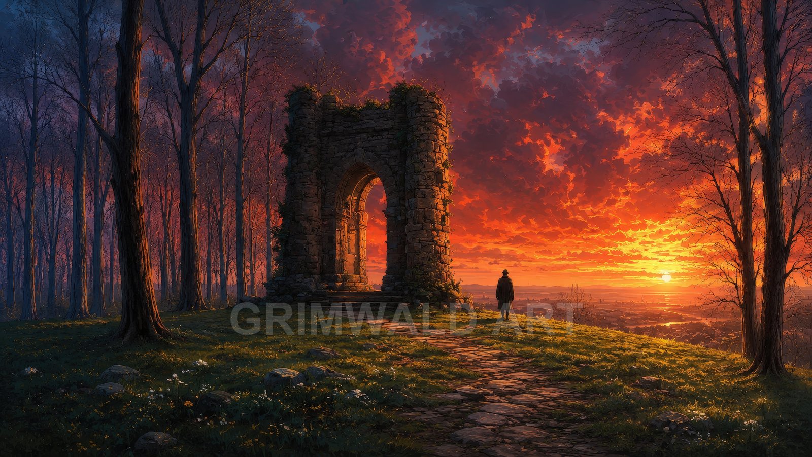 Old stone archway on a hill in a leafless forest, overlooking a distant town at vivid orange sunset, with a lone figure on the path.