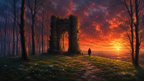 GRID THUMBNAIL — Old stone archway on a hill in a leafless forest, overlooking a distant town at vivid orange sunset, with a lone figure on the path.