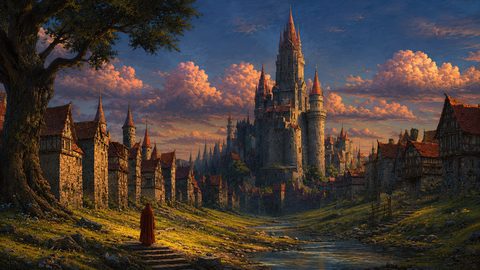 GRID THUMBNAIL — Grand stone castle with tall spires rises above a medieval riverside town at sunset, glowing clouds overhead and a cloaked figure beneath a tree.