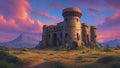 GRID THUMBNAIL — Weathered stone castle keep on a sunlit plain beneath pink sunset clouds, with distant mountain peaks and overgrown vegetation in the foreground.