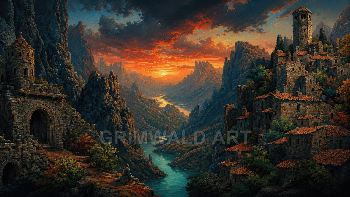 A winding turquoise river cuts through steep mountains beneath a blazing sunset, flanked by ancient stone villages and towers, with a lone robed figure overlooking.