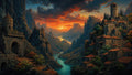 GRID THUMBNAIL — A winding turquoise river cuts through steep mountains beneath a blazing sunset, flanked by ancient stone villages and towers, with a lone robed figure overlooking.