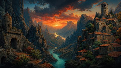 GRID THUMBNAIL — A winding turquoise river cuts through steep mountains beneath a blazing sunset, flanked by ancient stone villages and towers, with a lone robed figure overlooking.