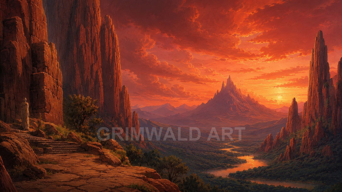 A vast fantasy valley at sunset with jagged red rock spires, a winding river, distant mountain peak, and stone steps in the foreground.