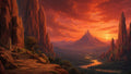GRID THUMBNAIL — A vast fantasy valley at sunset with jagged red rock spires, a winding river, distant mountain peak, and stone steps in the foreground.