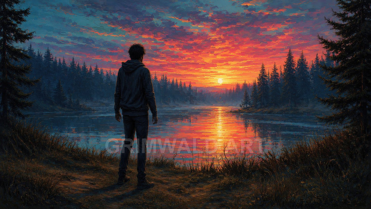 Silhouetted figure stands on a forested lakeshore, watching a vivid orange-pink sunset reflected on calm water beneath textured clouds.