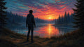 GRID THUMBNAIL — Silhouetted figure stands on a forested lakeshore, watching a vivid orange-pink sunset reflected on calm water beneath textured clouds.