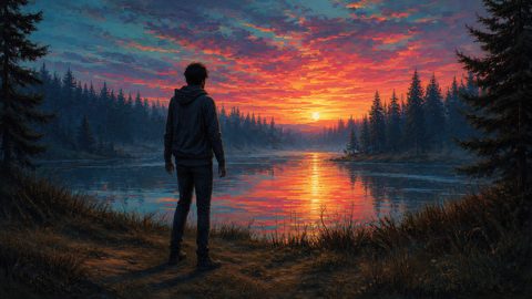 GRID THUMBNAIL — Silhouetted figure stands on a forested lakeshore, watching a vivid orange-pink sunset reflected on calm water beneath textured clouds.