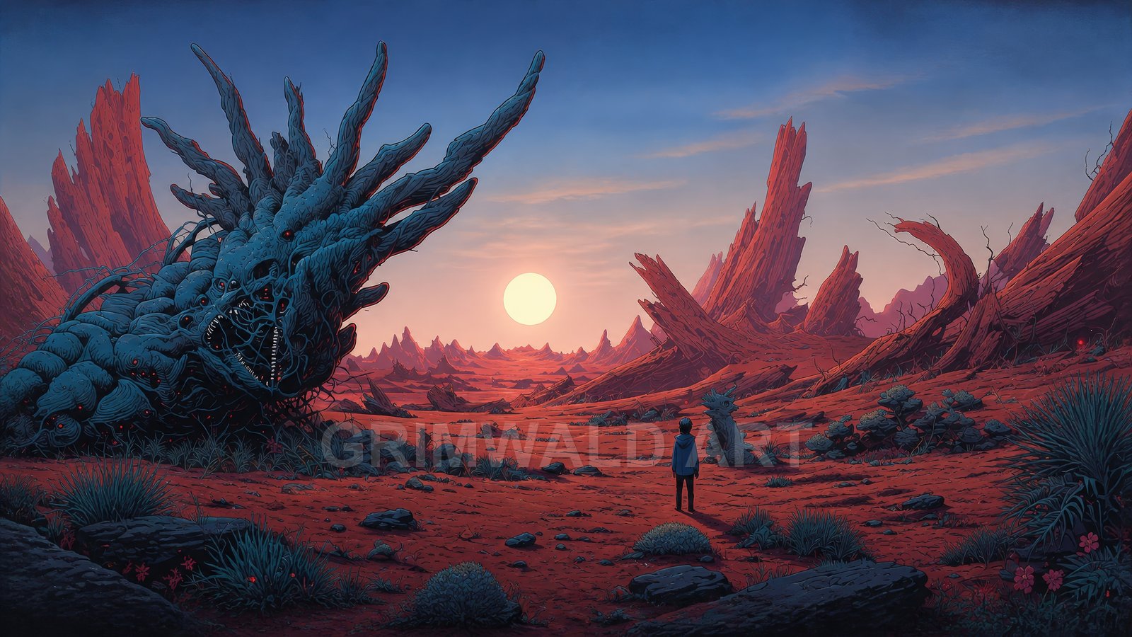 Wide alien desert of red rock spires at sunset, with a huge blue tentacled carcass and a lone figure gazing toward the sun.