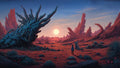 GRID THUMBNAIL — Wide alien desert of red rock spires at sunset, with a huge blue tentacled carcass and a lone figure gazing toward the sun.