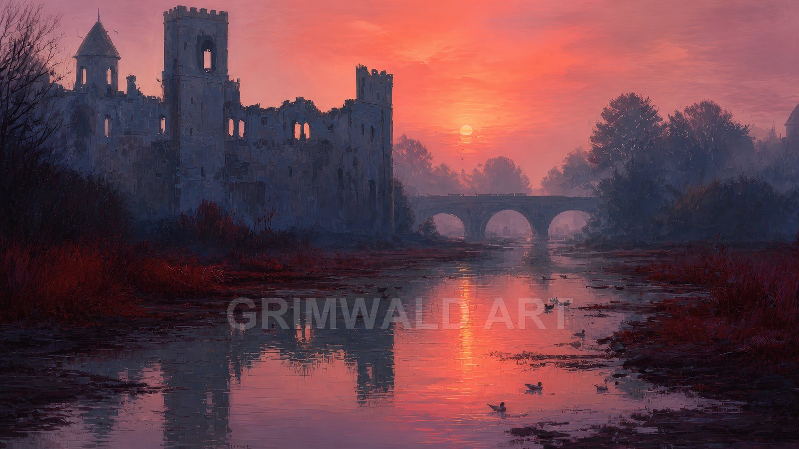 Ruined castle beside a calm river at sunset, pink sky reflected in water, arched stone bridge and ducks drifting through misty trees.