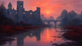 GRID THUMBNAIL — Ruined castle beside a calm river at sunset, pink sky reflected in water, arched stone bridge and ducks drifting through misty trees.