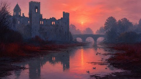 GRID THUMBNAIL — Ruined castle beside a calm river at sunset, pink sky reflected in water, arched stone bridge and ducks drifting through misty trees.