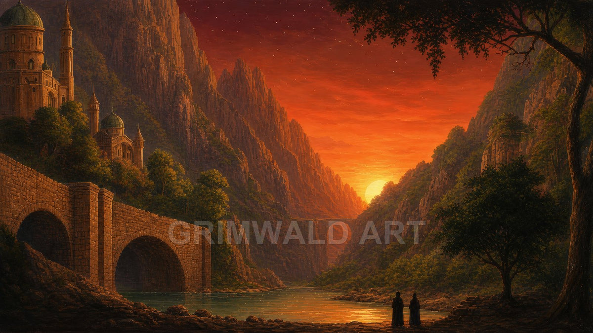 Fantasy river valley at sunset with orange sky, stone bridge and domed castle, steep cliffs, distant viaduct, and two small robed figures.