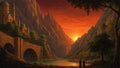 GRID THUMBNAIL — Fantasy river valley at sunset with orange sky, stone bridge and domed castle, steep cliffs, distant viaduct, and two small robed figures.