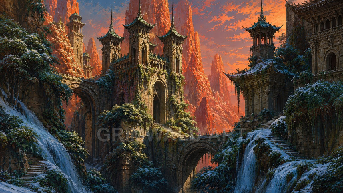 An ornate mountain temple with pagoda towers spanning arched stone bridges, framed by red spire cliffs, waterfalls and snow-dusted foliage at sunset.