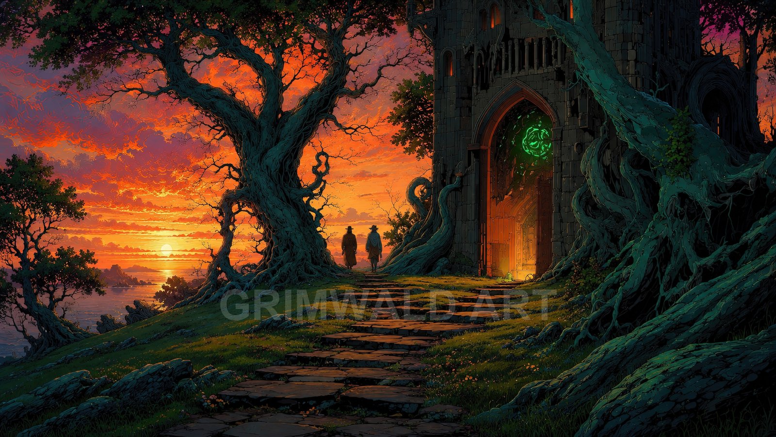 Stone steps lead to a vine-choked tower with a glowing green sigil at sunset, overlooking a calm sea beneath fiery orange clouds.