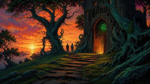 GRID THUMBNAIL — Stone steps lead to a vine-choked tower with a glowing green sigil at sunset, overlooking a calm sea beneath fiery orange clouds.