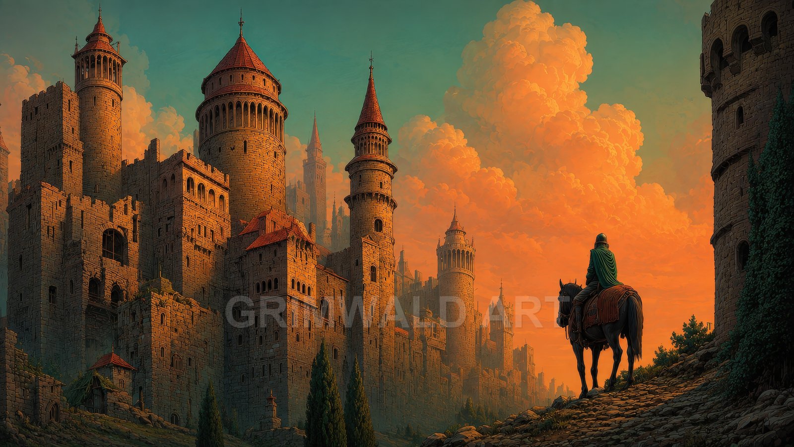 A cloaked rider on horseback approaches a vast medieval castle of towering turrets at sunset, warm orange clouds glowing above stone battlements.