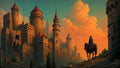 GRID THUMBNAIL — A cloaked rider on horseback approaches a vast medieval castle of towering turrets at sunset, warm orange clouds glowing above stone battlements.