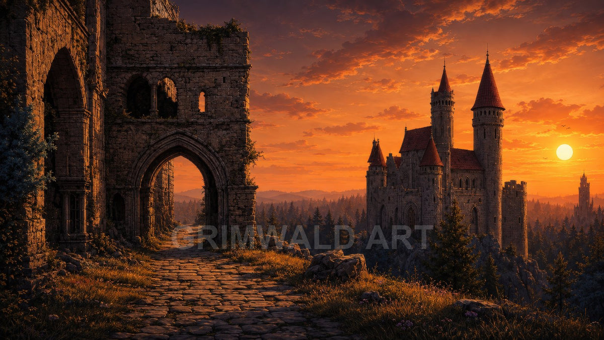 A cobbled path passes through a ruined stone archway towards a turreted, red-roofed castle above pine forests at sunset, under a glowing orange sky.