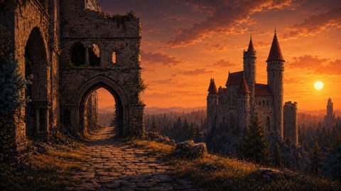 GRID THUMBNAIL — A cobbled path passes through a ruined stone archway towards a turreted, red-roofed castle above pine forests at sunset, under a glowing orange sky.