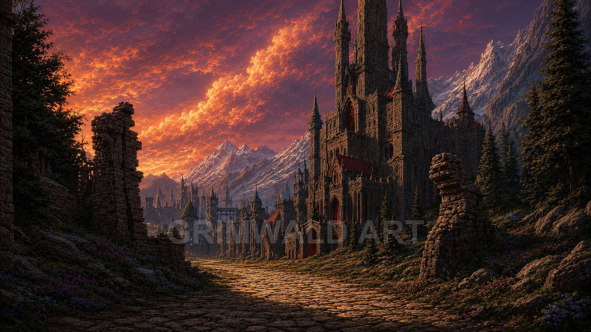 Cobbled road leads to a towering gothic castle city beneath snowy mountains, glowing under vivid orange sunset clouds, framed by pines and ancient ruins.