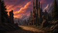 GRID THUMBNAIL — Cobbled road leads to a towering gothic castle city beneath snowy mountains, glowing under vivid orange sunset clouds, framed by pines and ancient ruins.