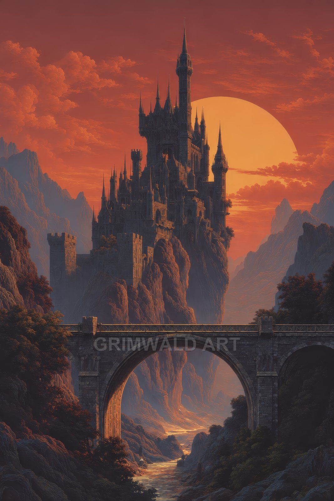 Gothic castle with tall spires perched on rocky mountains at sunset, enormous sun behind, stone arched bridge over a glowing winding river below.
