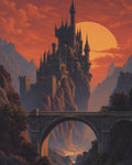 GRID THUMBNAIL — Gothic castle with tall spires perched on rocky mountains at sunset, enormous sun behind, stone arched bridge over a glowing winding river below.