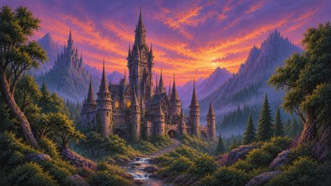 GRID THUMBNAIL — Grand spired castle nestled in pine forests and mountains, warm windows glowing above a cascading stream at sunset under purple-orange clouds.