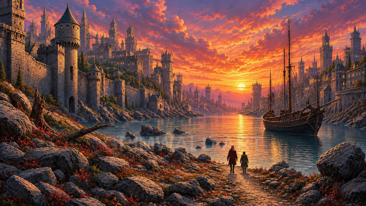 Grand fortified city with soaring spires lines a tranquil river at sunset, a tall ship moored as two travellers walk a rocky shore.