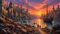 GRID THUMBNAIL — Grand fortified city with soaring spires lines a tranquil river at sunset, a tall ship moored as two travellers walk a rocky shore.