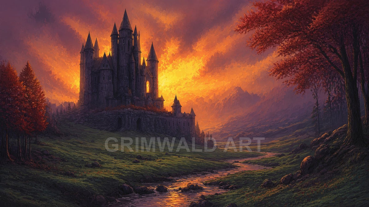 Gothic stone castle overlooking a green valley at sunset, a winding river reflecting orange light, with autumn trees and hazy mountains beyond.