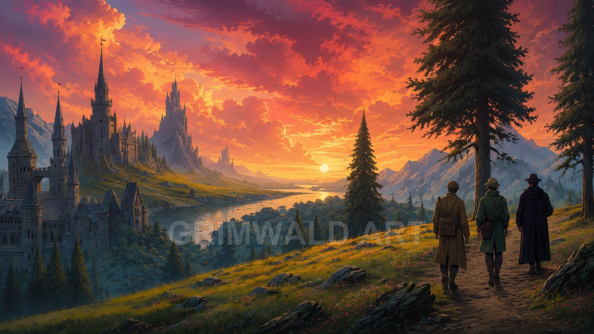Vast fantasy valley at sunset, with tall-spired castles, winding river, pine trees, and three travellers walking a hillside path beneath glowing orange clouds.