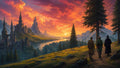 GRID THUMBNAIL — Vast fantasy valley at sunset, with tall-spired castles, winding river, pine trees, and three travellers walking a hillside path beneath glowing orange clouds.