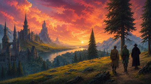GRID THUMBNAIL — Vast fantasy valley at sunset, with tall-spired castles, winding river, pine trees, and three travellers walking a hillside path beneath glowing orange clouds.