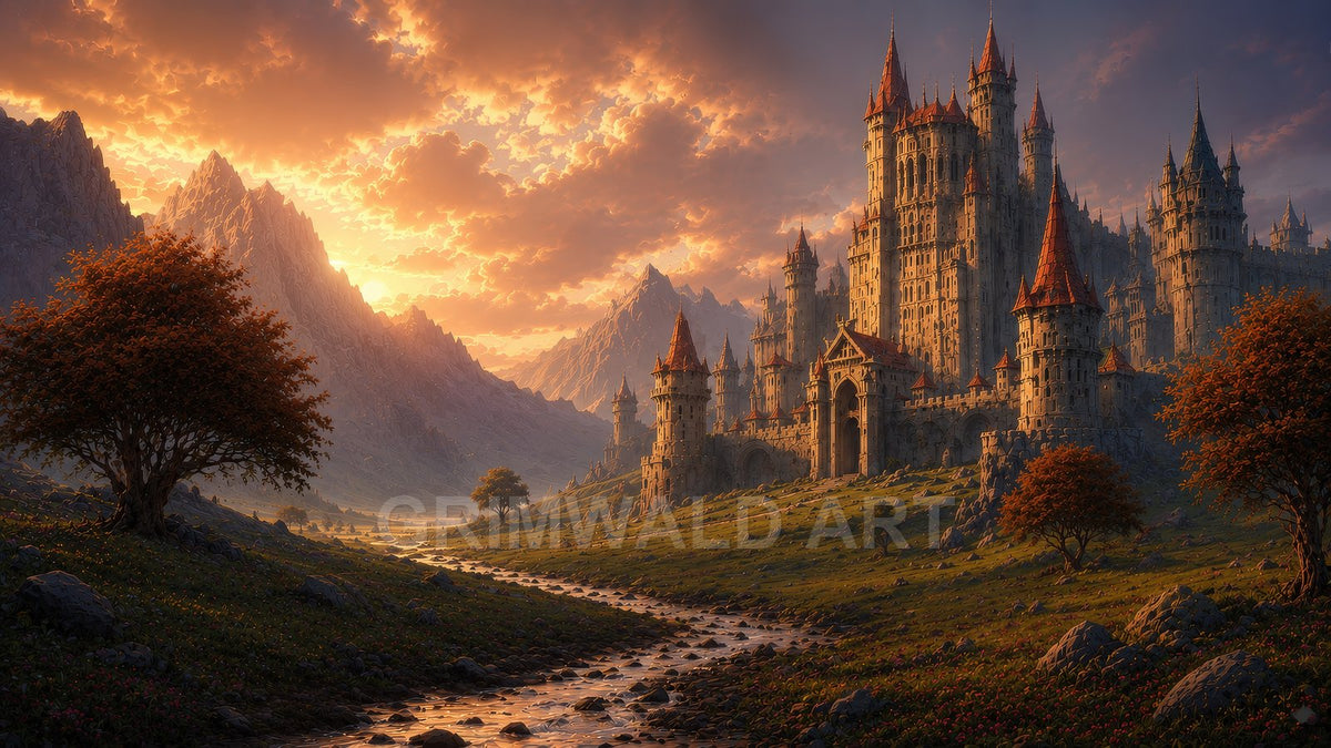 Grand stone castle with red spires overlooking a green valley and winding stream, framed by rugged mountains under a glowing sunset sky.