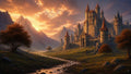 GRID THUMBNAIL — Grand stone castle with red spires overlooking a green valley and winding stream, framed by rugged mountains under a glowing sunset sky.