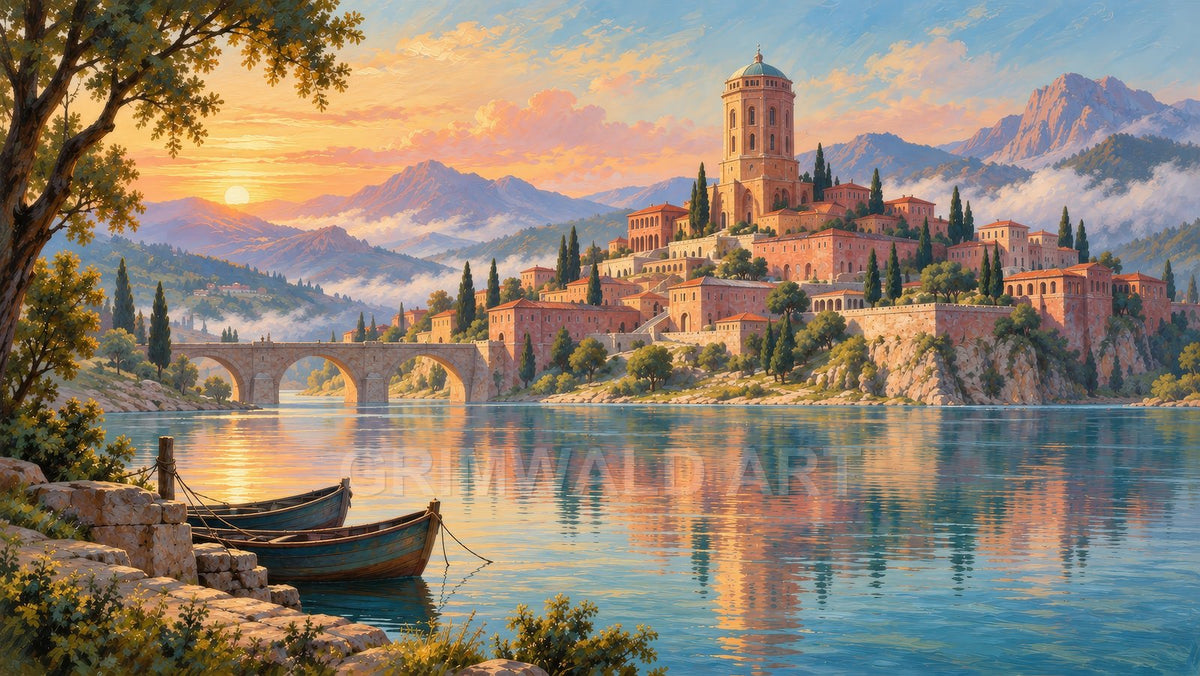 A terracotta hilltop citadel and stone bridge overlook a tranquil lake at sunset, with rowboats, cypress trees and misty mountains in the background.
