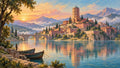 GRID THUMBNAIL — A terracotta hilltop citadel and stone bridge overlook a tranquil lake at sunset, with rowboats, cypress trees and misty mountains in the background.