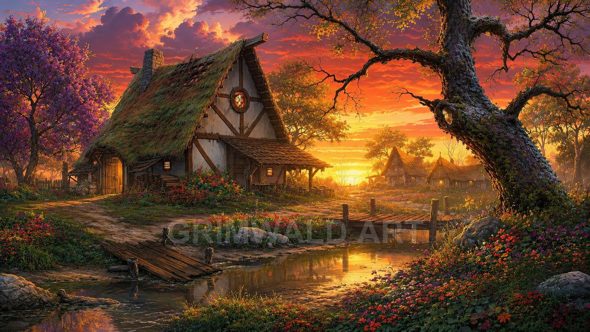 Thatched cottage beside a reflective stream at sunset, wildflowers and ivy-clad trees, wooden footbridges and distant huts under glowing orange-purple clouds.