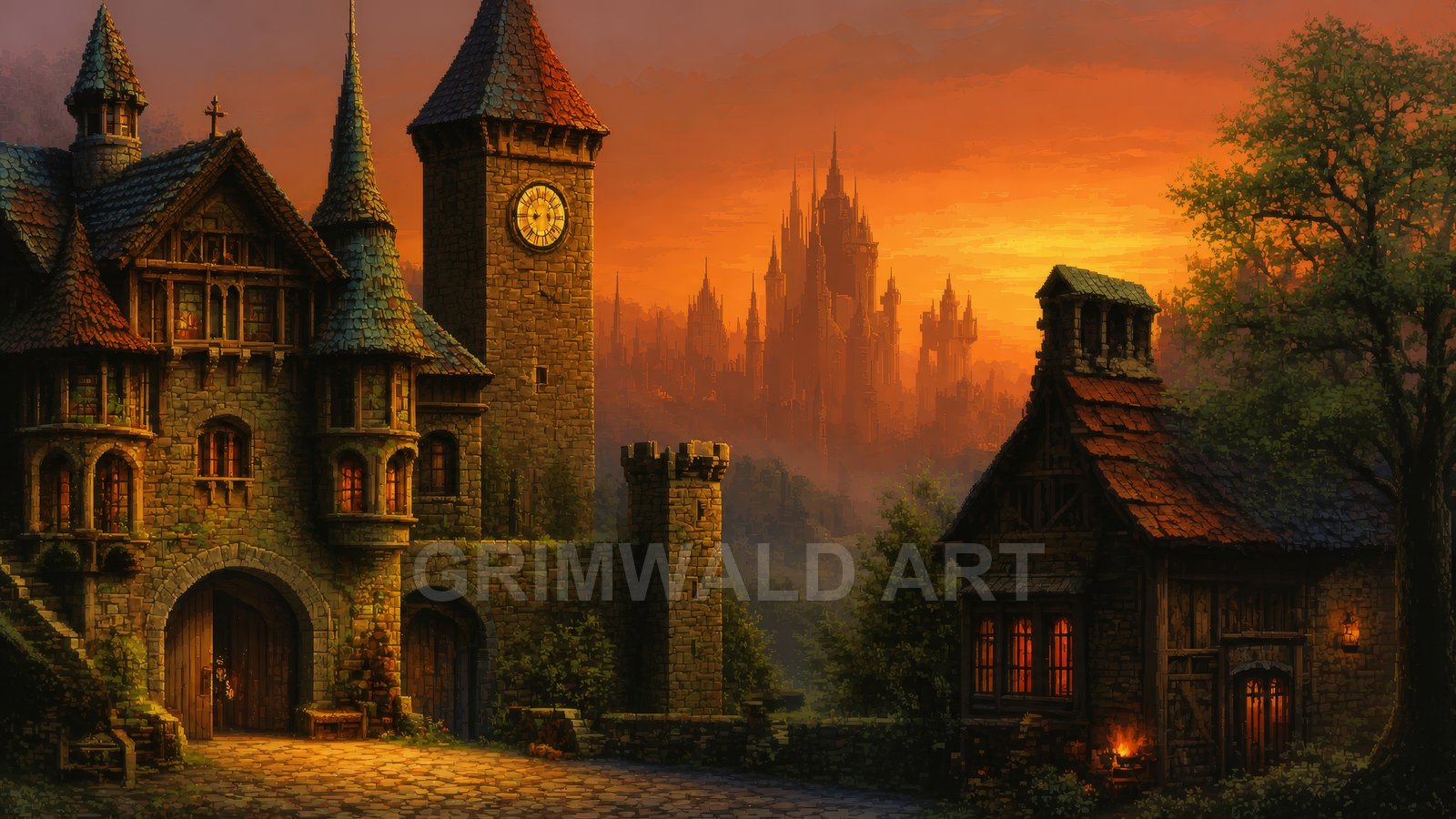 Medieval stone village with a clock tower and glowing windows, cottage and tree in foreground, and a vast citadel silhouetted against an orange sunset sky.